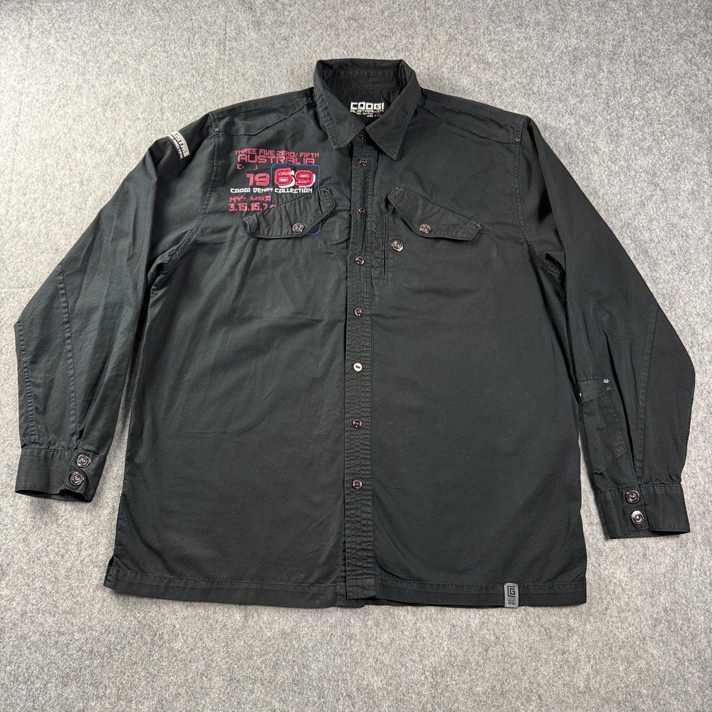 VTG Coogi Mens XXL Long Sleeve Button-Up Designer Dress Shirt Logo Patches Black